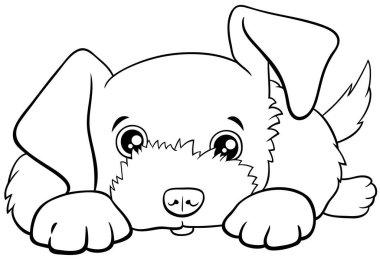 Şirin köpek yavrusu çizgi roman karakteri boyama sayfasının siyah beyaz çizimi