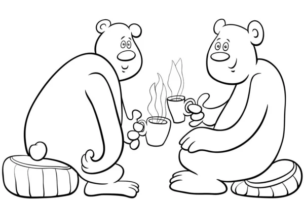 Černobílé Kreslené Ilustrace Dvou Medvědů Komické Zvířecí Postavy Pití Čaje — Stockový vektor