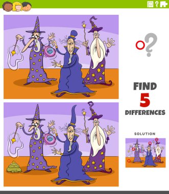 Cartoon illustration of finding the differences between pictures educational game for children with three wizards fantasy characters clipart