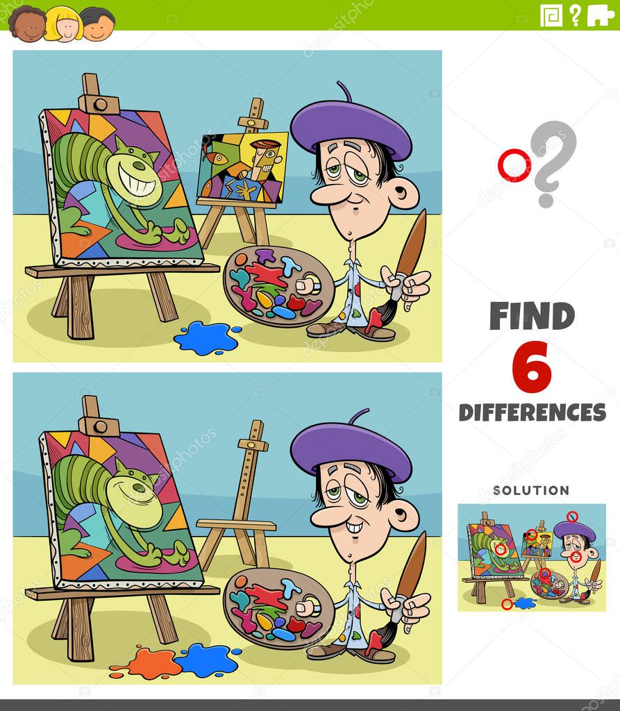Cartoon illustration of finding the differences between pictures educational game for children with painter artist