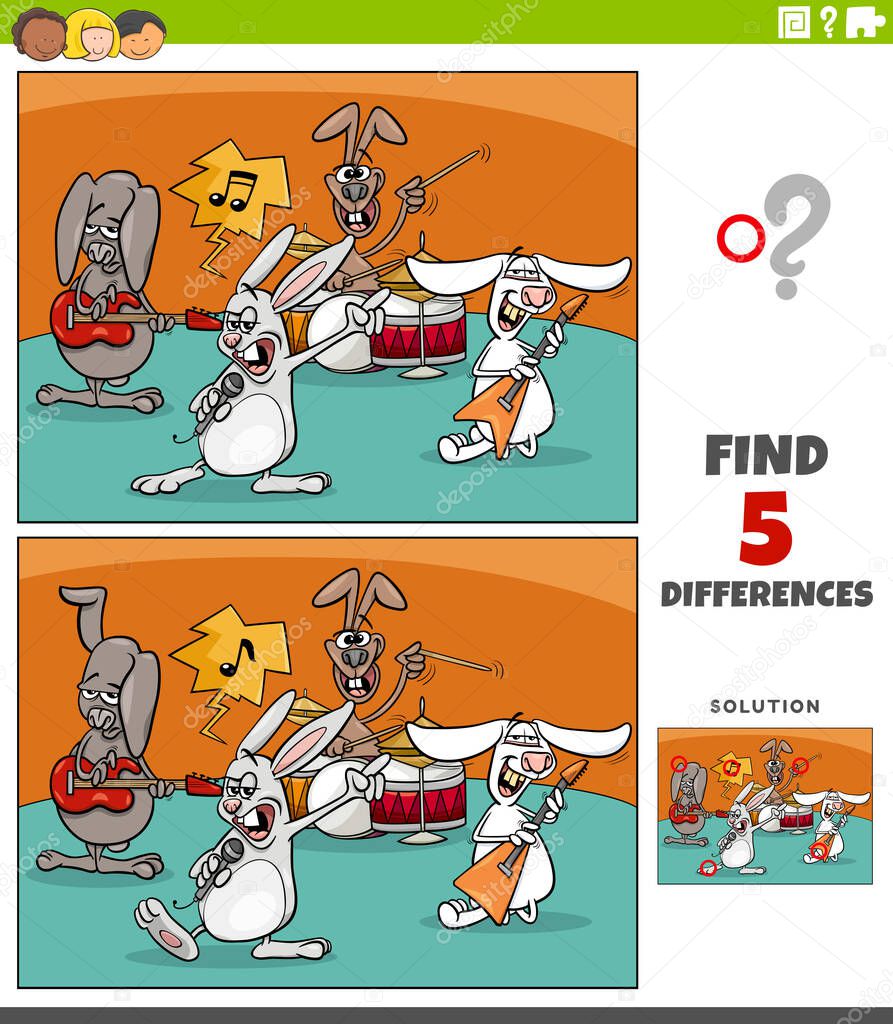 Cartoon illustration of finding the differences between pictures educational game for children with rabbits rock music band