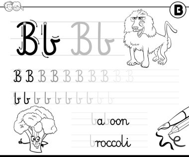 Black and white cartoon illustration of writing skills practice worksheet with letter B for preschool and elementary age children coloring book page