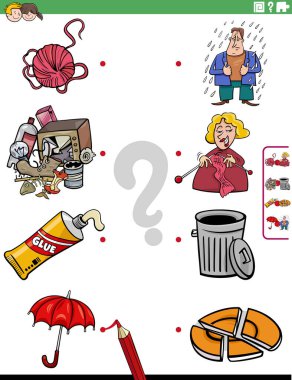 Cartoon illustration of educational matching game for children with objects and characters