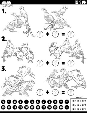 Komik kuşlarla ilgili eğitici matematiksel toplama yapboz görevinin siyah ve beyaz karikatür çizimi hayvan karakterleri boyama kitabı sayfası