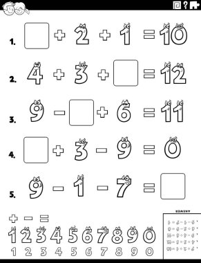 İlkokul çocukları için eğitici matematiksel hesaplama çalışma tablosunun siyah-beyaz çizimi