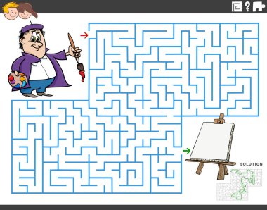 Ressam ve şövalesi olan çocuklar için eğitici labirent bulmaca oyununun çizgi film çizimi