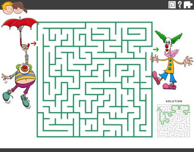 Cartoon illustration of educational maze puzzle game for children with funny clowns characters vector Cartoon illustration of educational maze puzzle game for children with funny clowns characters vector