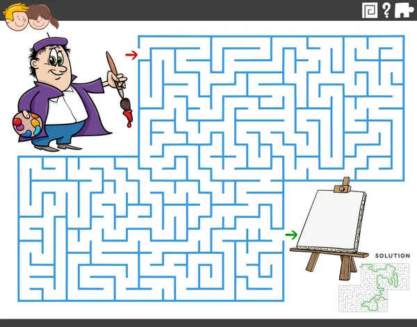 Tecknad Illustration Pedagogiska Labyrint Pusselspel För Barn Med Målare Och — Stock vektor