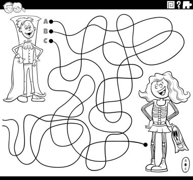Çizgilerin siyah-beyaz çizimi çocuklar veya gençlerle labirent bulmaca oyunu kostüm partisi kitap boyama sayfasında