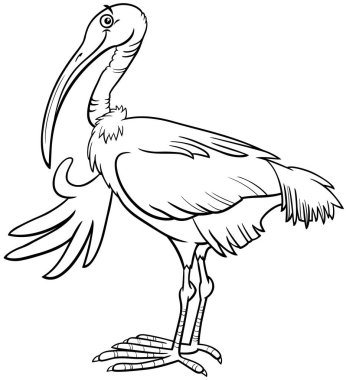 Komik Ibis kuş hayvan karakter boyama sayfasının siyah beyaz çizimi
