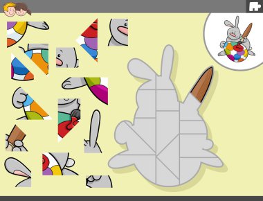 Paskalya tavşanı karakteri yumurta boyayan çocuklar için eğitici yapboz oyununun çizgi film çizimi