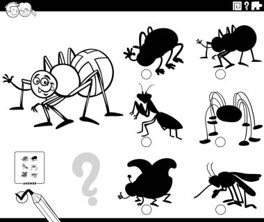 Örümcek böceği karakter boyama sayfası olan çocuklar için resim eğitiminin doğru gölgesini bulmanın siyah-beyaz çizimi