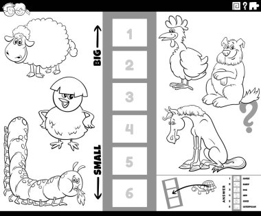 Çocuklar için çizgi roman sayfası boyama karakterleri olan en büyük ve en küçük hayvan türünü bulmanın eğitici oyununun siyah ve beyaz çizimi