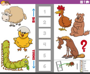 Çocuklar için çizgi roman karakterleri olan en büyük ve en küçük hayvan türünü bulmanın eğitici oyununun çizgi film çizimi