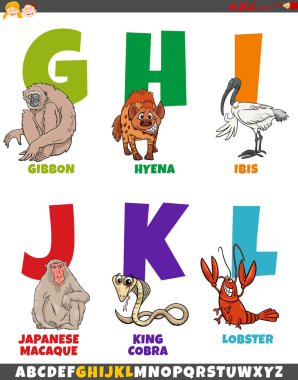 G 'den L' ye komik hayvan karakterleri olan eğitici renkli alfabenin çizgi film çizimi