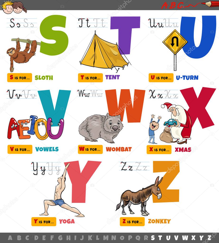 Cartoon illustration of capital letters alphabet educational set for reading and writing practice for elementary age children from S to Z