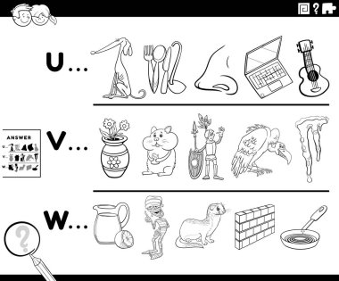 Siyah-beyaz çizgi film çizimleri, okul öncesi ya da ilkokul öğrencileri için çizgi roman boyama sayfası ile başlayan referanslı harf eğitimsel oyun çalışma tablosu ile başlar.