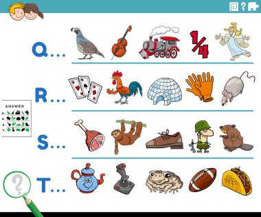 Çizgi film illüstrasyonu, anaokulu ya da çizgi roman karakterli ilkokul çocukları için referans mektupla başlayan eğitici görev çalışma kağıdıyla başlar.