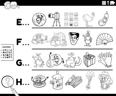 Siyah-beyaz çizgi film çizimleri, okul öncesi ya da ilkokul öğrencileri için çizgi roman boyama sayfası ile başlayan referanslı harf eğitimsel oyun çalışma tablosu ile başlar.