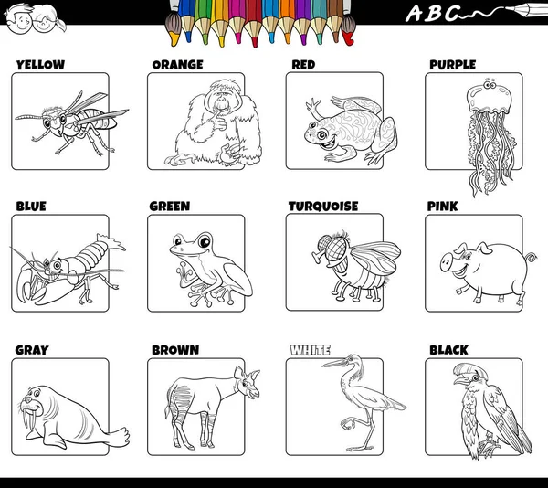 Dibujos Animados Blanco Negro Ilustración Colores Básicos Con Personajes Animales — Vector de stock