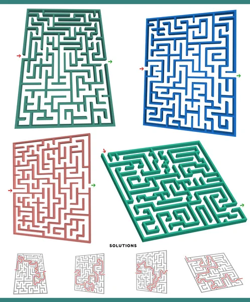 Illustrazione Labirinti Grafici Gioco Tempo Libero Insieme Con Soluzioni — Vettoriale Stock