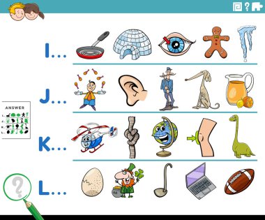 Çizgi film illüstrasyonu, anaokulu ya da çizgi roman karakterli ilkokul çocukları için referans mektupla başlayan eğitici görev çalışma kağıdıyla başlar.