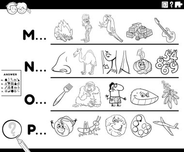 Çizgi roman karakterleri boyama sayfası olan anaokulu ya da ilkokul çocukları için referanslı harf eğitimi oyunuyla başlayan resimler bulmanın siyah ve beyaz çizimi