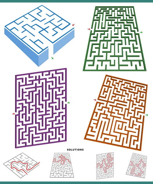 Illustrazione Grafici Labirinto Giochi Impostati Con Soluzioni — Vettoriale Stock