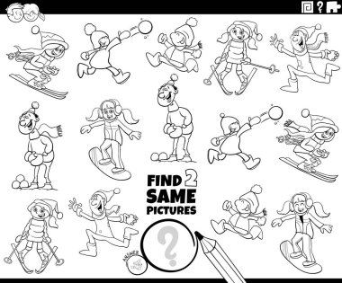 Kışın boyama kitabı sayfasında komik çocuk karakterleriyle aynı eğitici iki resmi bulmanın siyah beyaz çizgi film çizimi
