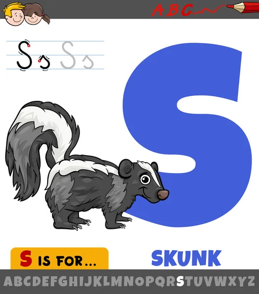 Desenho Animado Educativo Ilustração Letra Alfabeto Com Caráter Animal Skunk —  Vetores de Stock