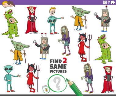 Çizgi filmlerde, komik çocukların ya da kostüm partisindeki gençlerin oynadığı iki eğitici oyunu bulmanın çizimi.