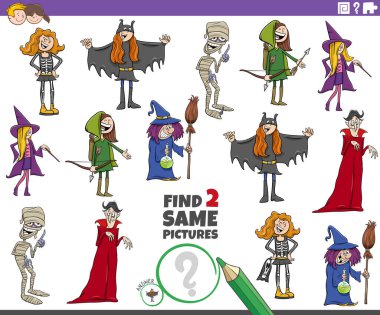 Çizgi film çizimi, iki tane aynı resimli eğitici oyun buldu. Komik çocuk karakterleri kostüm partisinde.