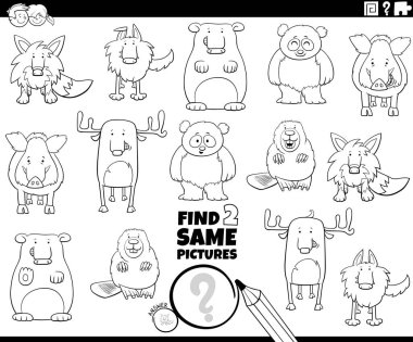 Komik vahşi hayvan karakterleri kitap sayfasını boyayan iki aynı eğitici oyunu bulmanın siyah beyaz karikatür çizimi