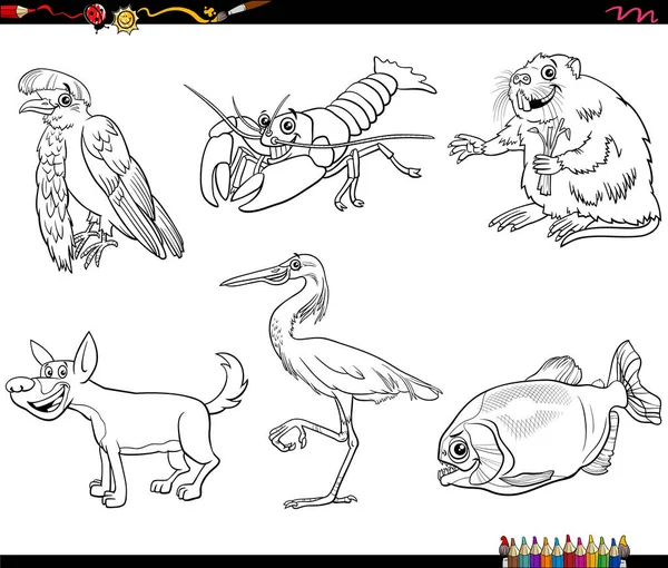 Černobílé Kreslené Ilustrace Divokých Zvířat Komické Znaky Sada Omalovánky Stránka — Stockový vektor