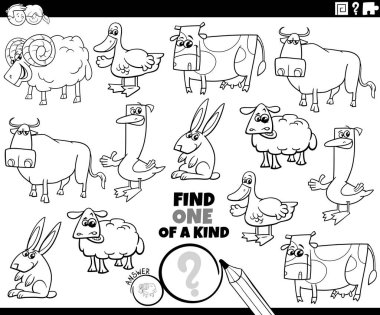 Siyah-beyaz karikatür çizimi komik çiftlik hayvanı karakterleri boyama kitabı sayfası olan eğitici bir resim bul