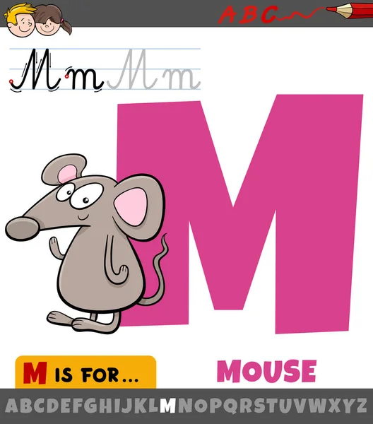 Educational Cartoon Illustration Letter Alphabet Mouse Animal Character — Stock Vector