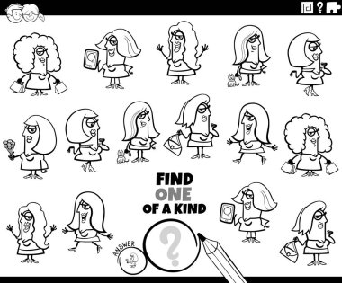 Komik kadın karakter boyama kitabı sayfası olan çocuklar için eğitici bir resim bulmanın siyah-beyaz çizimi