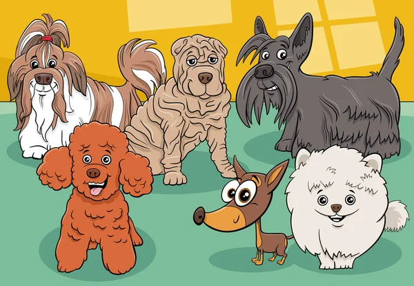 Dibujos Animados Ilustración Perros Divertidos Pura Raza Cachorros Grupo Personajes — Vector de stock