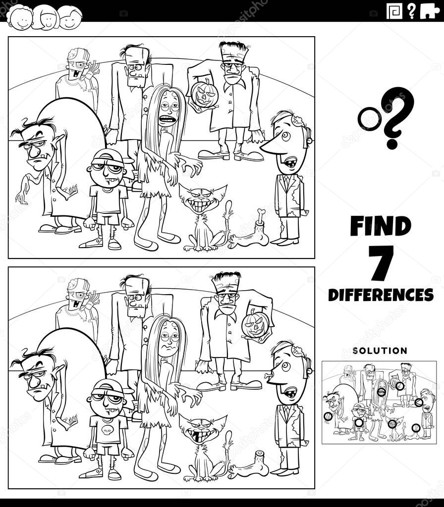 Black and white cartoon illustration of finding the differences between pictures educational game for children with comic zombie characters coloring book page