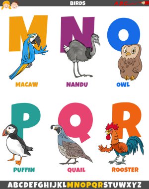 Çizgi filmlerdeki renkli alfabe çizimleri M harfinden R harfine komik kuşların hayvan karakterleriyle çizilmiş.