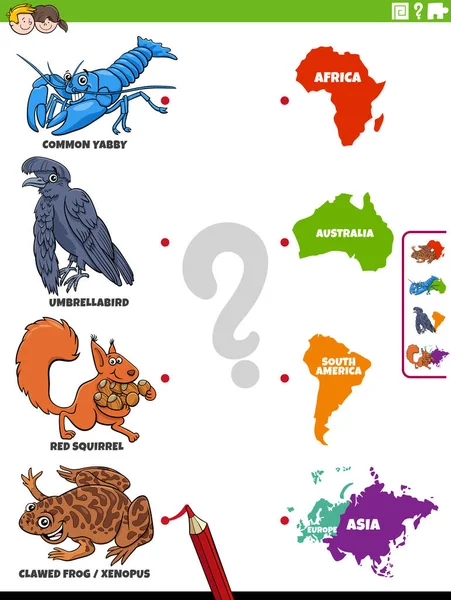 動物種の文字や大陸を持つ子供のための教育マッチングゲームの漫画のイラスト — ストックベクタ