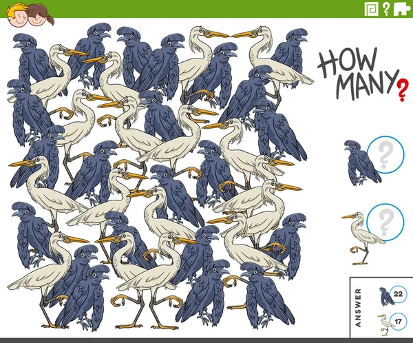 Εικονογράφηση Εκπαιδευτικού Παιχνιδιού Καταμέτρησης Για Παιδιά Χαρακτήρες Πτηνών — Διανυσματικό Αρχείο