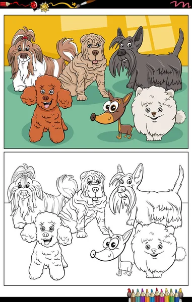 Tecknad Illustration Roliga Renrasiga Hundar Djur Tecken Grupp Målarbok Sida — Stock vektor