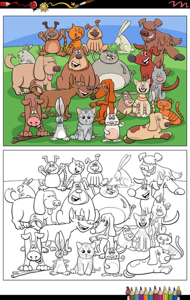 Dibujos Animados Ilustración Perros Divertidos Gatos Conejos Personajes Animales Grupo — Vector de stock