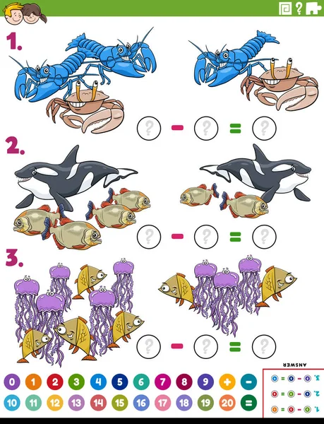Cartoon Illustration Educational Mathematical Subtraction Puzzle Task Children Sea Life — Stock Vector