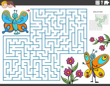 Kelebekli, böcek karakterli ve çiçekli çocuklar için eğitici labirent oyununun çizgi film çizimi
