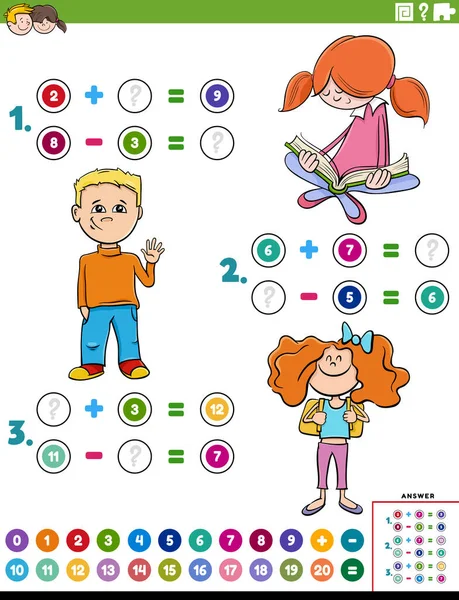 儿童人物教育数学加减题任务的卡通画 — 图库矢量图片