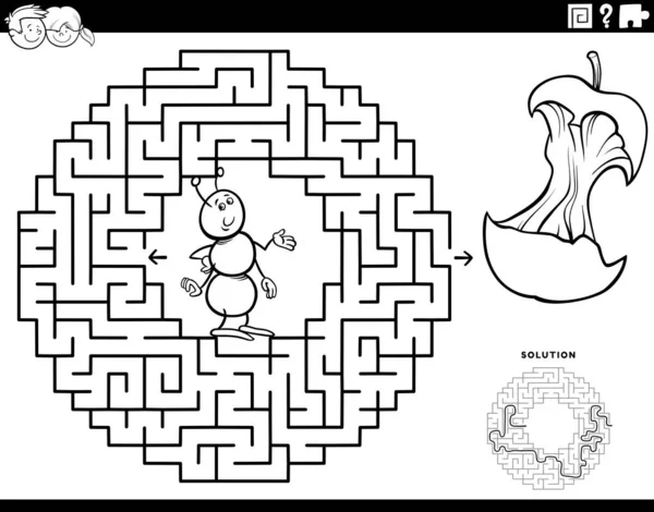 蚂蚁和苹果核心着色书页儿童教育迷宫游戏的黑白卡通画 — 图库矢量图片