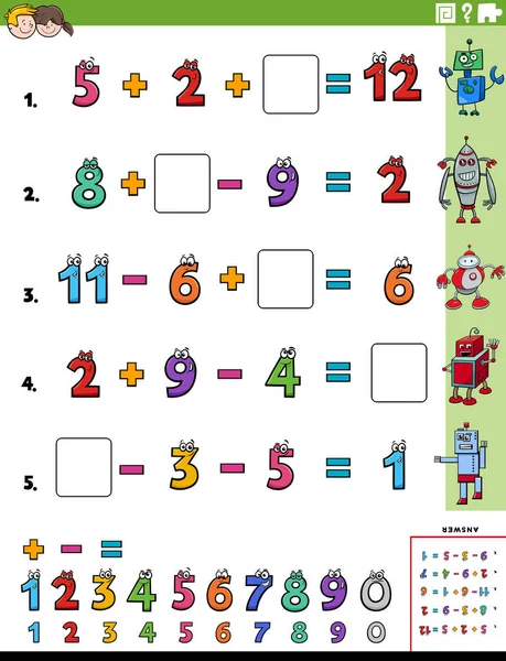 Lkokul Çocukları Için Eğitici Matematiksel Hesaplama Görev Çalışma Tablosunun Karikatür — Stok Vektör