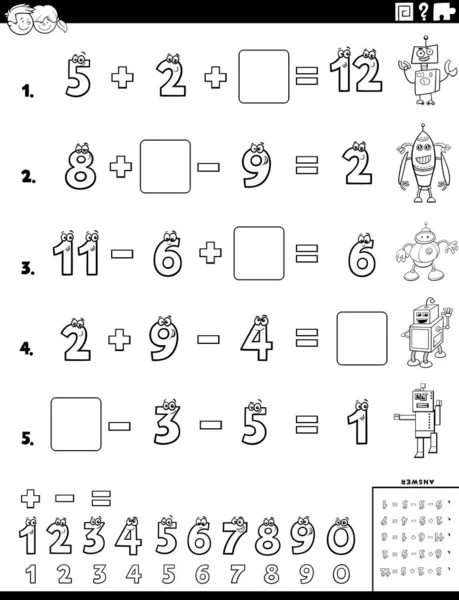 Ασπρόμαυρη Εικονογράφηση Κινουμένων Σχεδίων Του Εκπαιδευτικού Μαθηματικού Φύλλου Εργασίας Υπολογισμού — Διανυσματικό Αρχείο